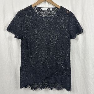 New York & Company Black Lace Sheer Short Sleeve Top Womens Sz M Feminine